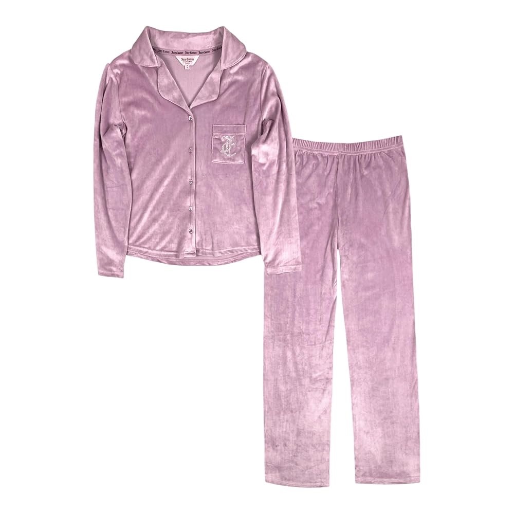 Juicy Couture Women’s Velvet Fleece Long Sleeve Button Down Shirt Pants Pajama L
